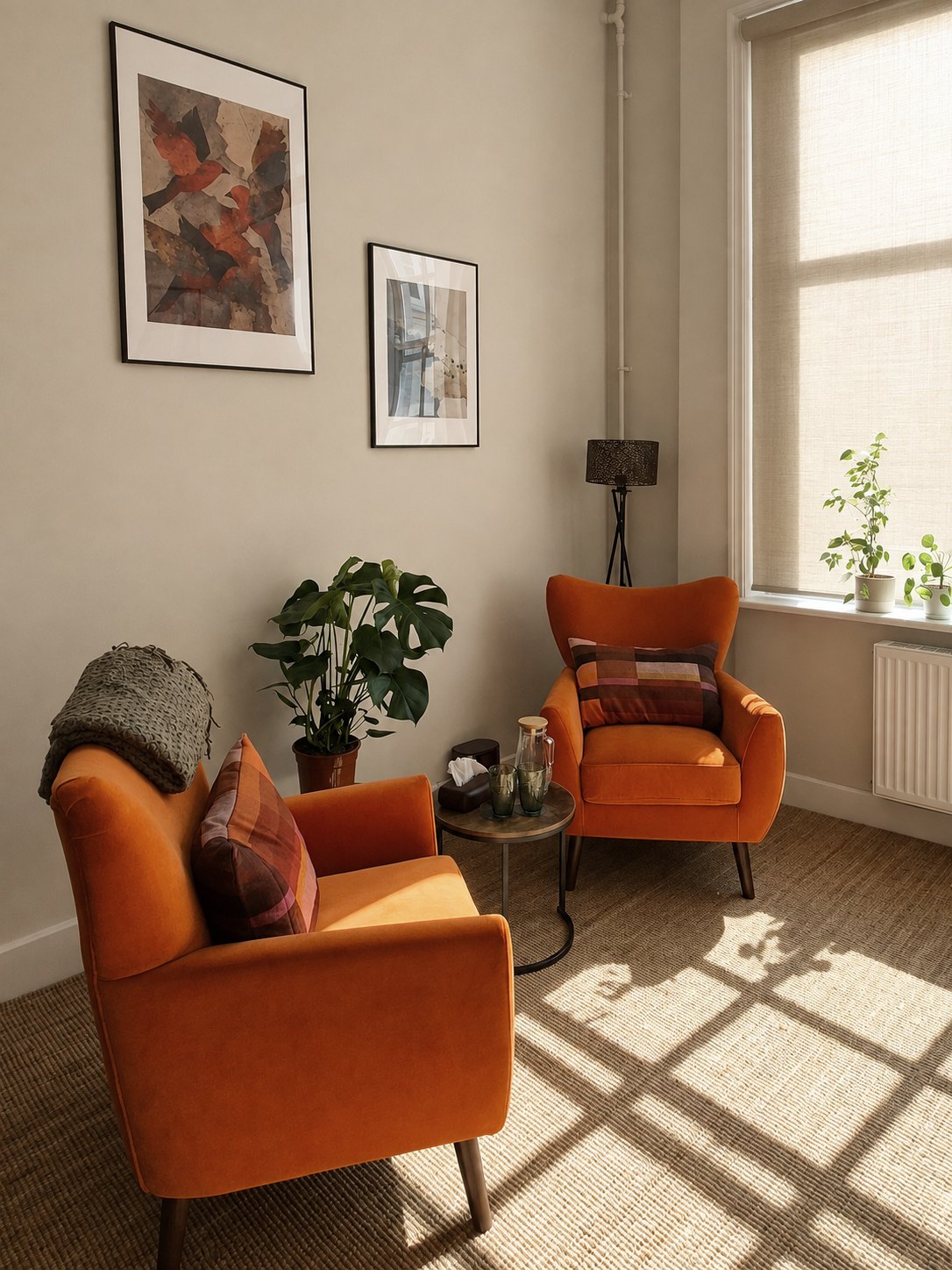 The therapy room on Regent Street: two velvet armchairs facing each other, afternoon light across a jute rug